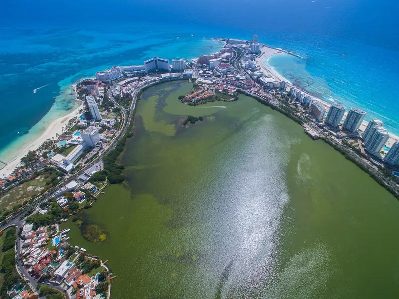 Aerial footage of Cancun.