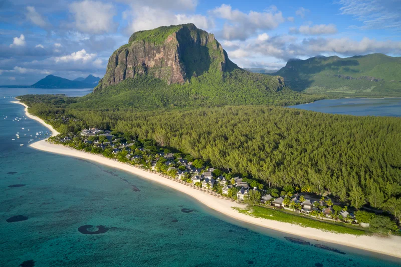 Aerial view of Le Morne Brabant, beach and The St. Regis Le Morne Resort in Mauritius