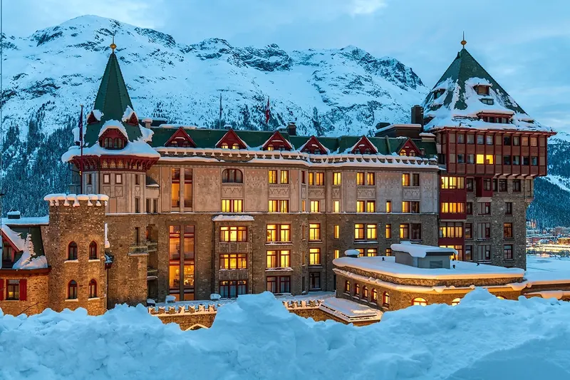 Badrutts Palace Hotel exterior in winter
