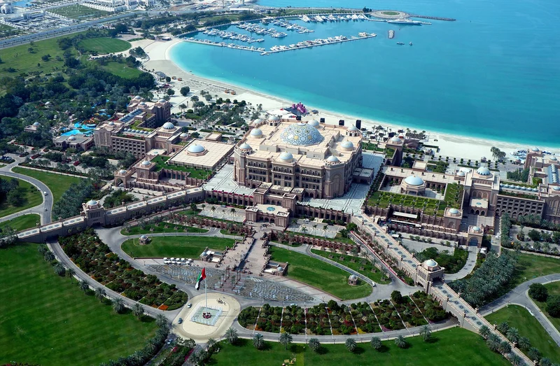 Emirates Palace and the Abu Dhabi coastline, aerial view