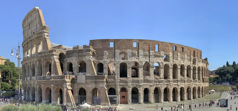 Exterior panoramic view of the Colosseum (Flavian amphitheatre) in Rome