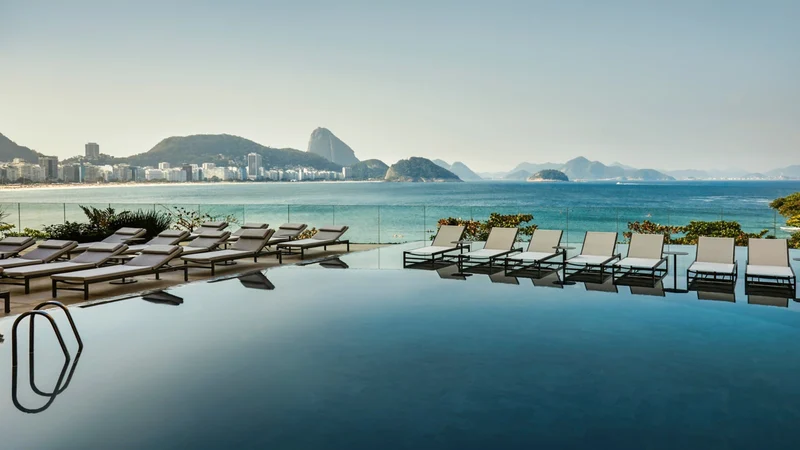 Fairmont Rio de Janeiro Copacabana pool terrace overlooking Copacabana and Sugarloaf Mountain