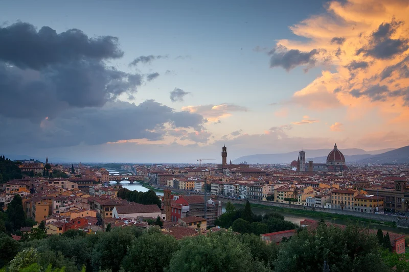 Florence cathedral and city skyline at sunset from Piazzale Michelangelo