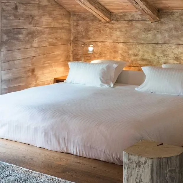 Hameau Albert 1er — empty wood-paneled guest room