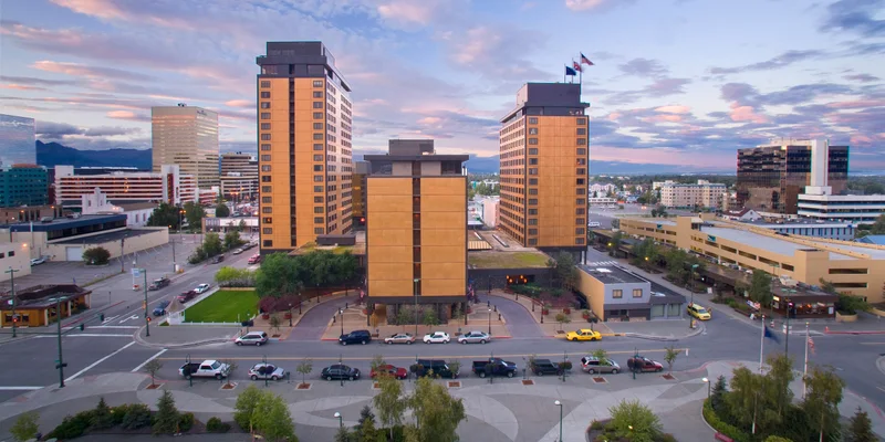 Hotel Captain Cook towers and exterior in downtown Anchorage