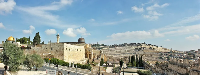 Jerusalem Old City walls and skyline under a blue sky, photographed in 2018