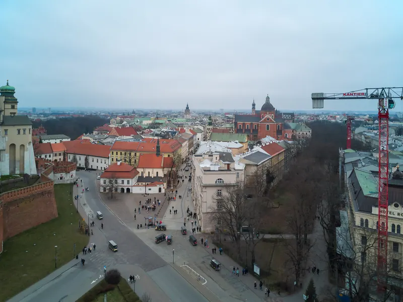 Krakow's Old Town, view from the south at the height of Wawel Castle, bird's eye view 2025