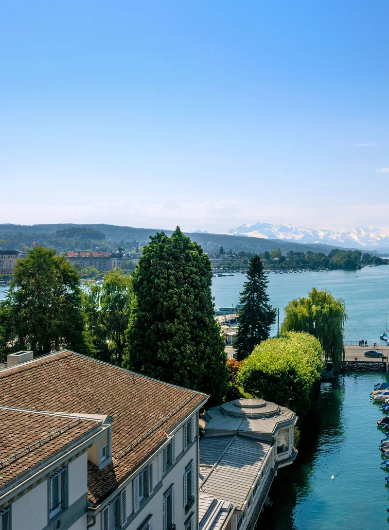 Lake Zurich and greenery seen from the Baur au Lac rooftop