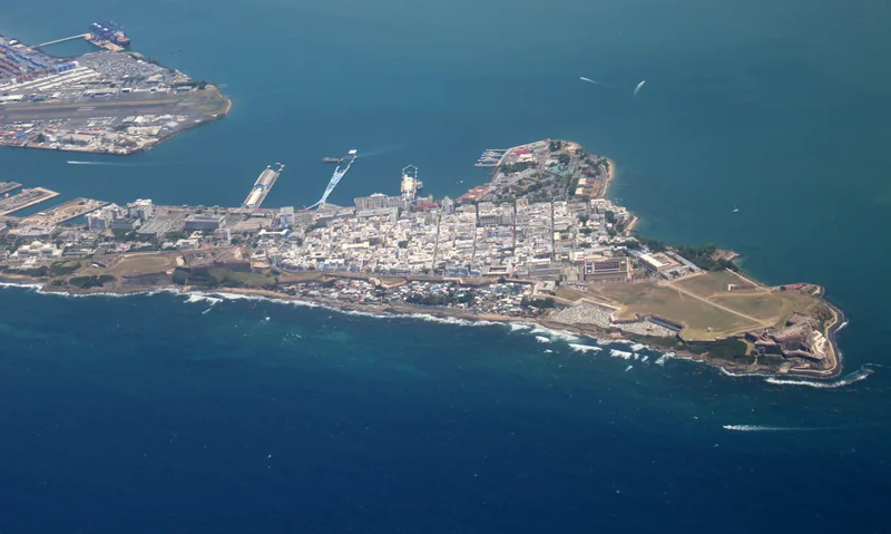 Old San Juan and its Atlantic coastline, aerial view in 2022