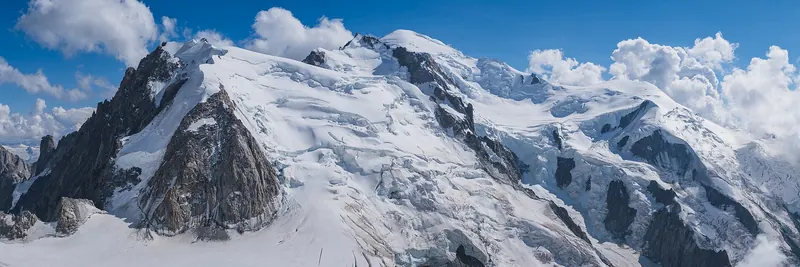 Panorama of Mont Blanc du Tacul, Mont Maudit and Mont Blanc from Aiguille du Midi, Chamonix, Haute-Savoie, France.