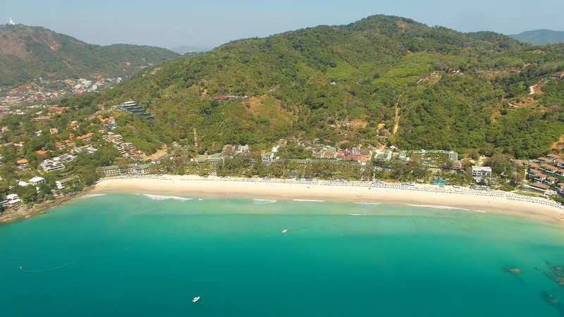 Phuket beach and forested coastal hills, aerial photograph from February 2014