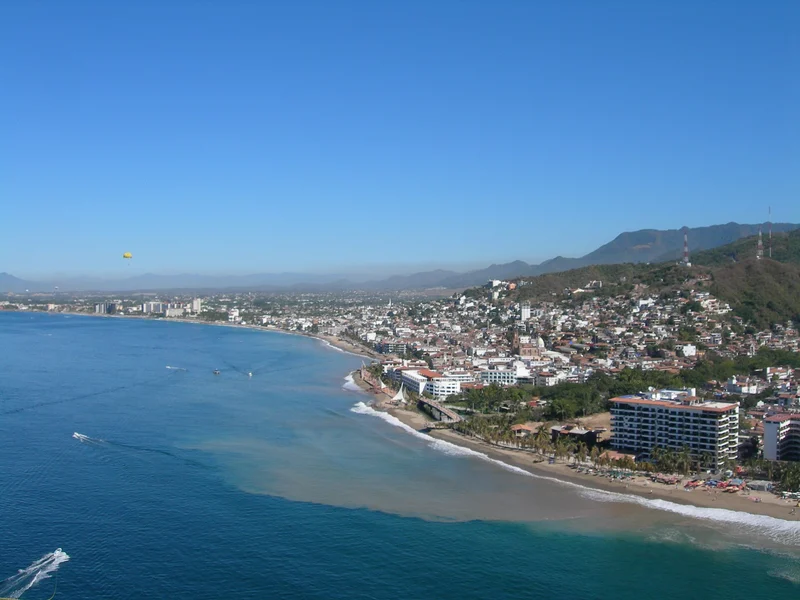 Puerto Vallarta coastline, bay and hillside neighborhoods, aerial view
