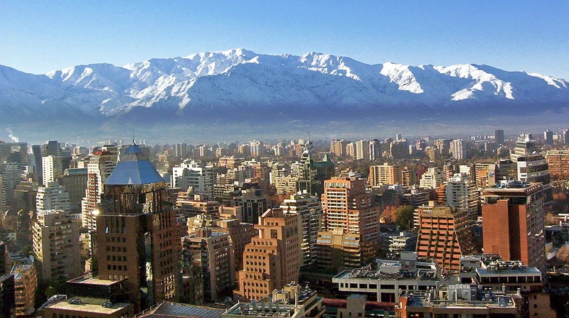 Santiago de Chile skyline and snow-covered Andes in winter, photographed in 2007