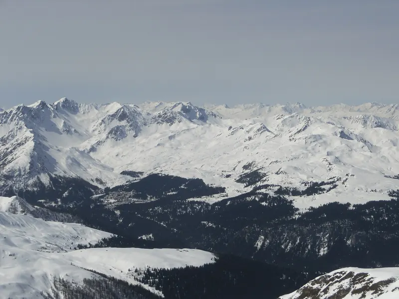 Skiing area Arosa as seen from Weissfluh, Davos, Arosa, Grisons, Switzerland.