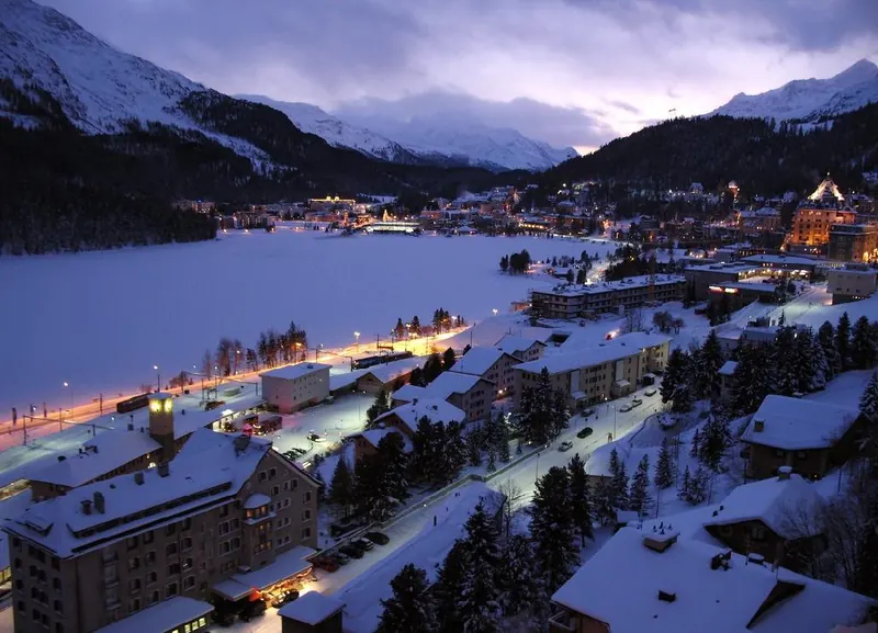 St Moritz, winter evening, with frozen Lake St. Moritz