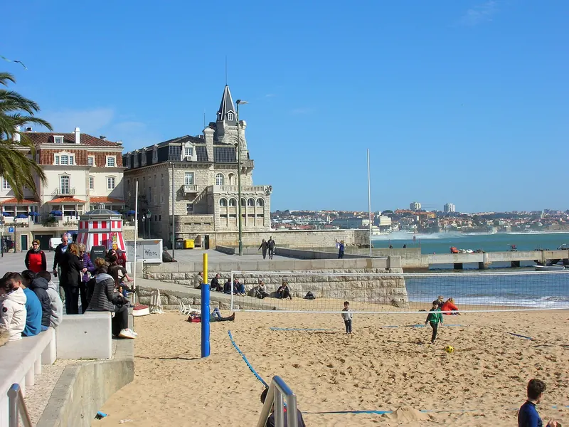 the bay of Cascais with central beach and the palace Seixas