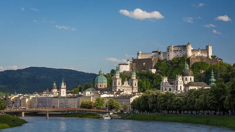 View of Salzburg city centre from Müllnersteg, a footbridge over river Salzach